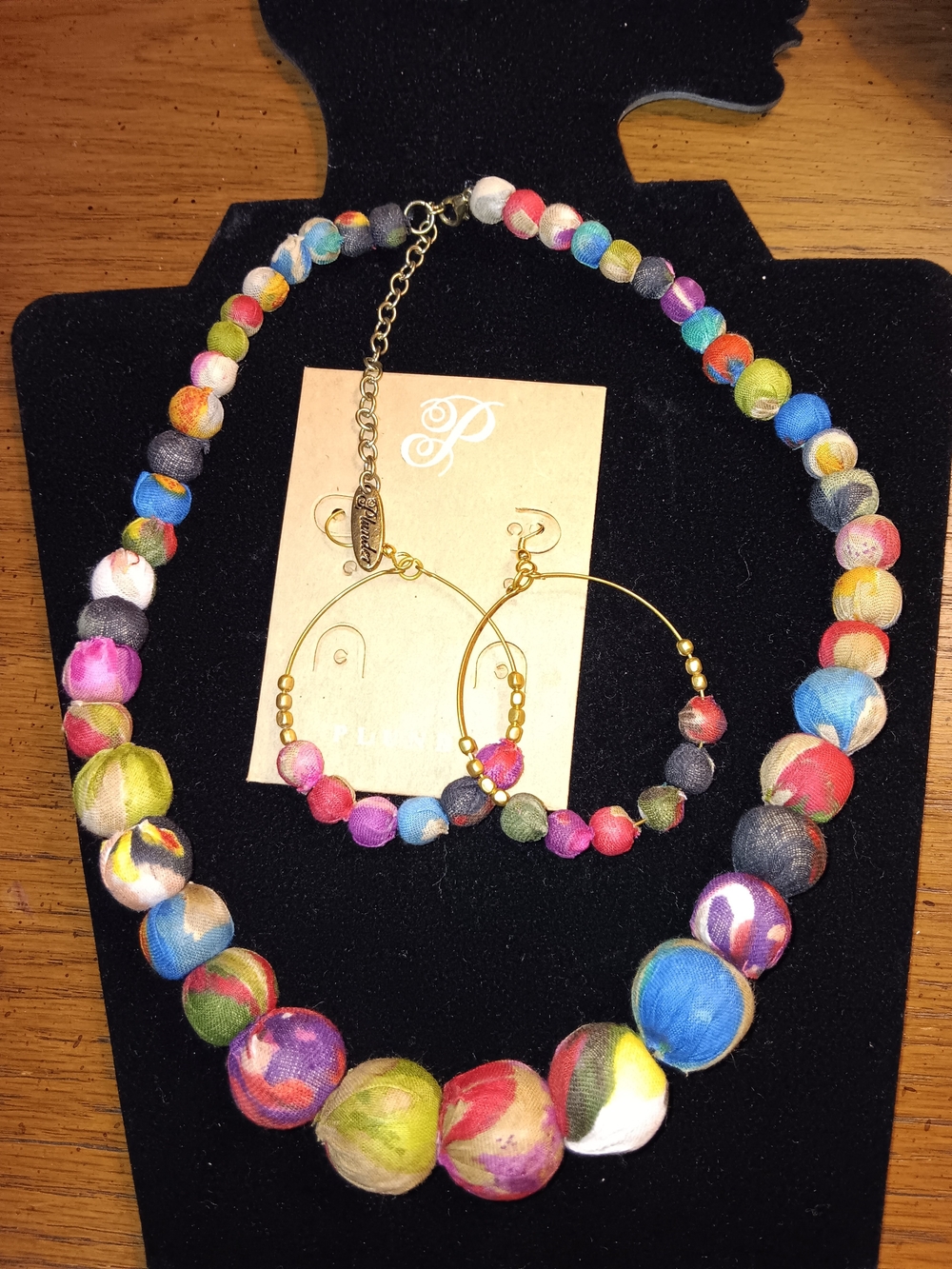 Plunder Multicolor Fabric Bead Necklace & Hoop Earrings Set